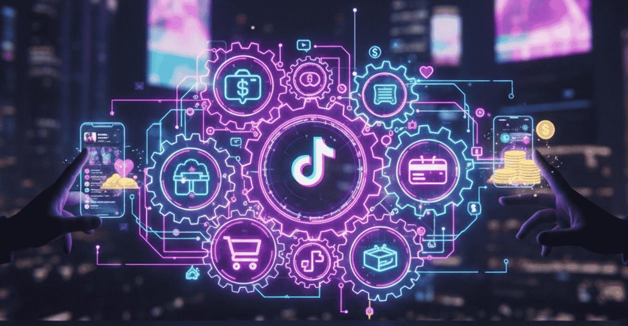 Engrenagens luminosas em neon representando o sistema de e-commerce do TikTok Shop