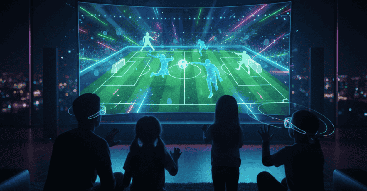 Família assistindo a uma partida de futebol holográfica e imersiva em uma TV 3D