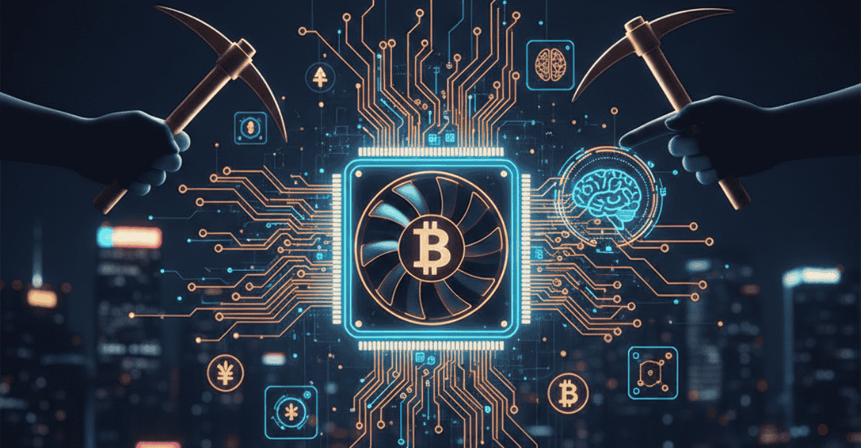 Arte digital conectando a mineração de Bitcoin e o processamento de Inteligência Artificial