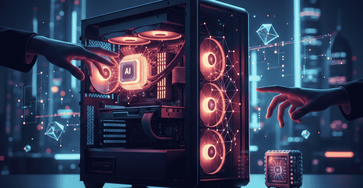 CPU com duas mãos tentando tocar, com alusão a inteligência artificial ter deixado mais longe ele