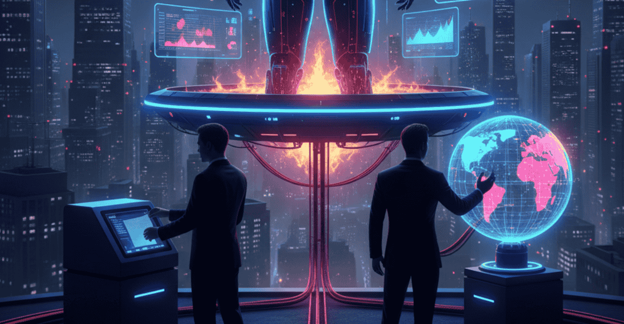 Ilustração futurista mostrando políticos em painéis de controle sob a figura imponente de um robô gi
