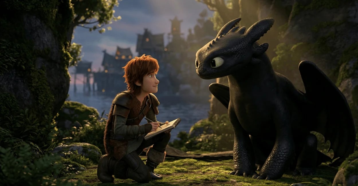 Uma cena íntima de Soluço ajoelhado desenhando Banguela em uma cova florestal ao pôr do sol