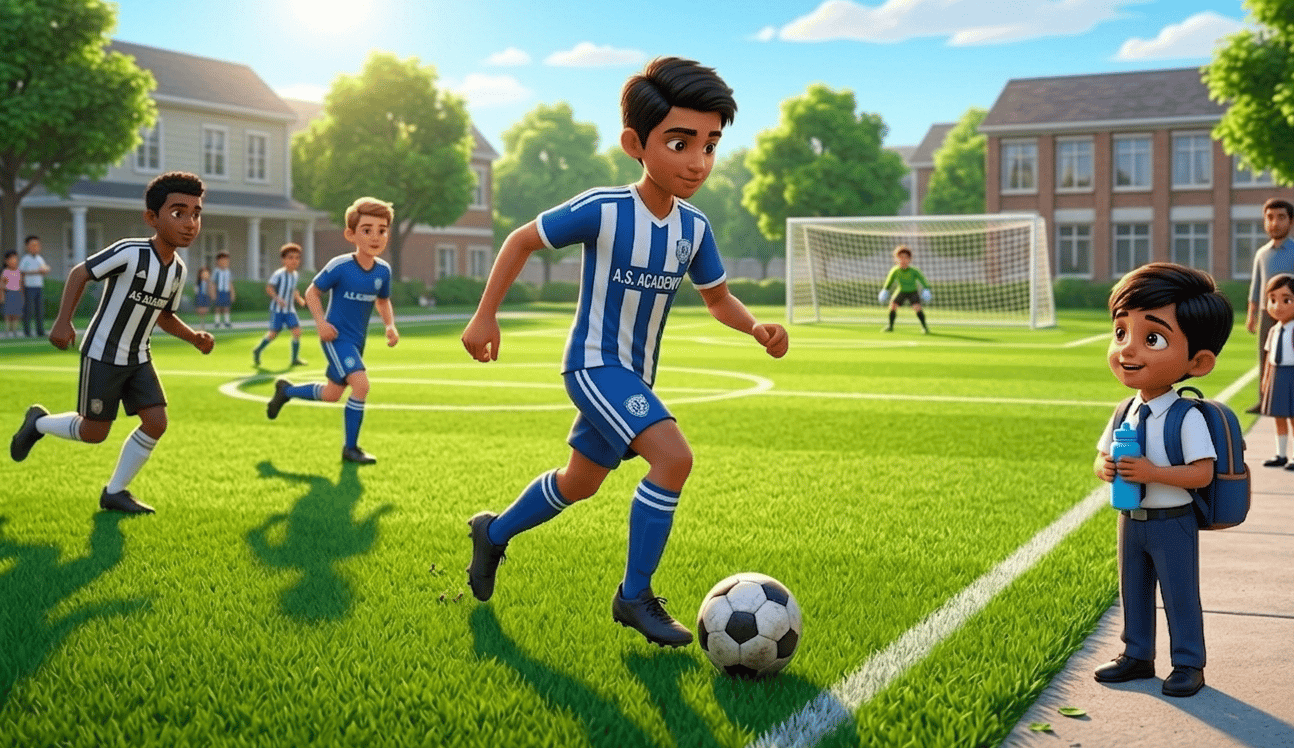 Young boys playing a soccer match at an academy field on a sunny day.