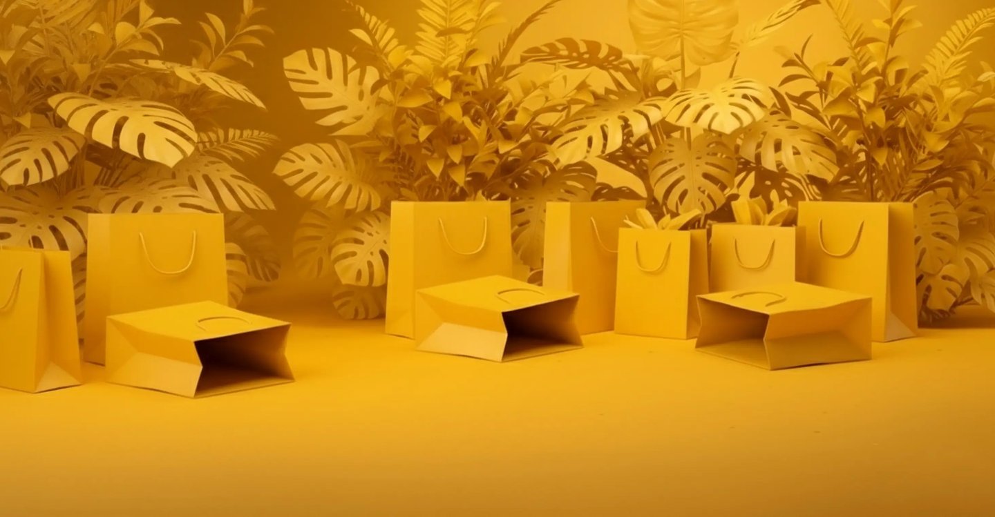 um grupo de recortes de papel  em formato de folhas com um sacolas de papel