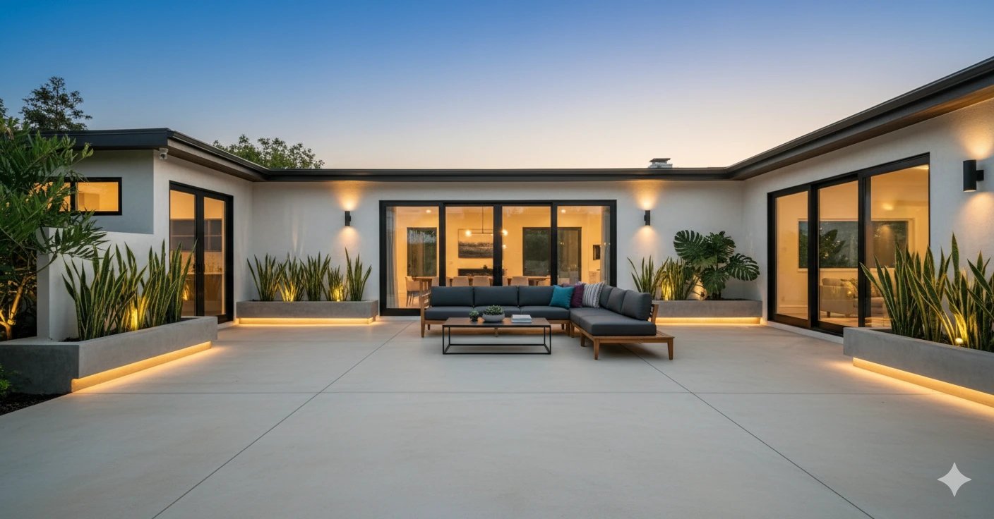 Modern minimalist patio with neutral furniture, clean lines, and stylish outdoor seating
