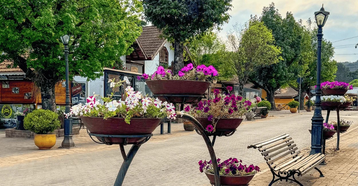 Centrinho de Monte Verde com floreiras coloridas, bancos, árvores e clima charmoso de montanha