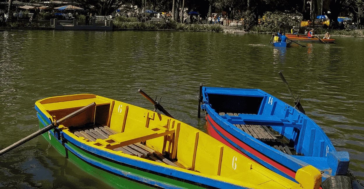 Barco amarelo e azul, com lago verde no Parque Municipal de Belo Horizonte
