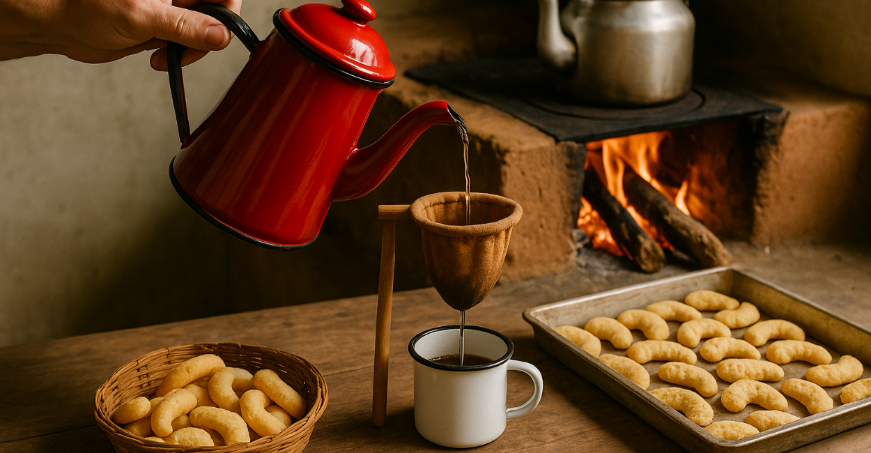 Um bule derramando água quente em um coador, com fogão de lenha atrás e biscoitos caseiros