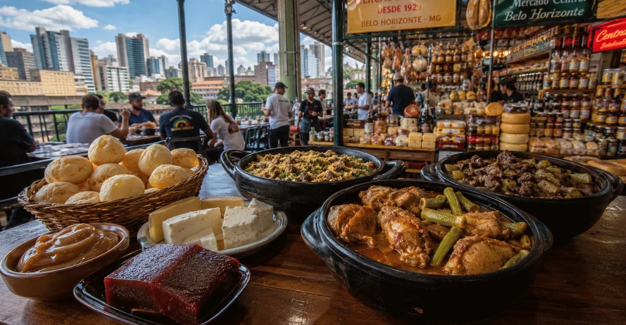Comida mineira no Mercado Central de Belo Horizonte, com queijos, doces, pão de queijo e pratos
