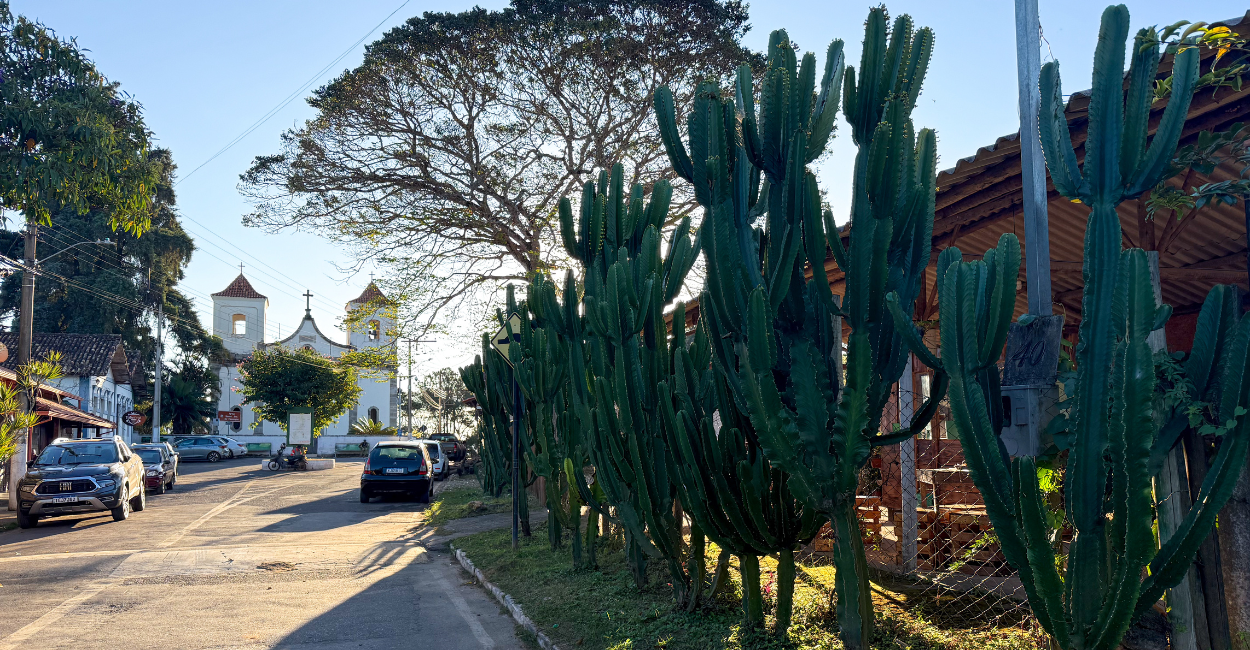 Centro Histórico de Acuruí, um Distrito de Itabirito, com árvores e uma Igreja Histórica ao fundo