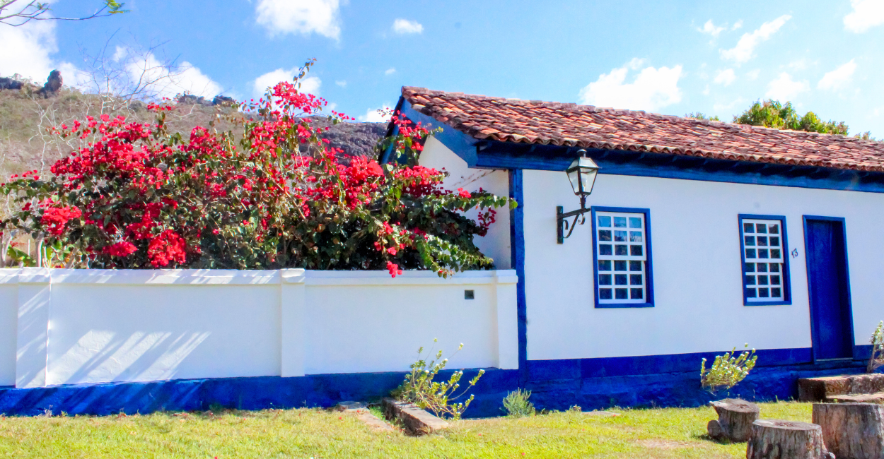 Uma árvore florida ao lado de uma casa antiga e histórica na Vila do Biribiri, Diamantina