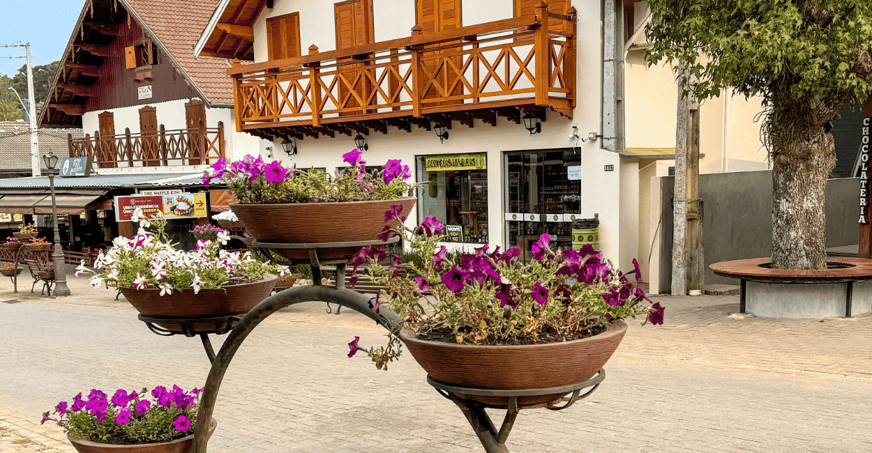 Vasos com flores coloridas e casas em estilo europeu em Monte Verde, Minas Gerais