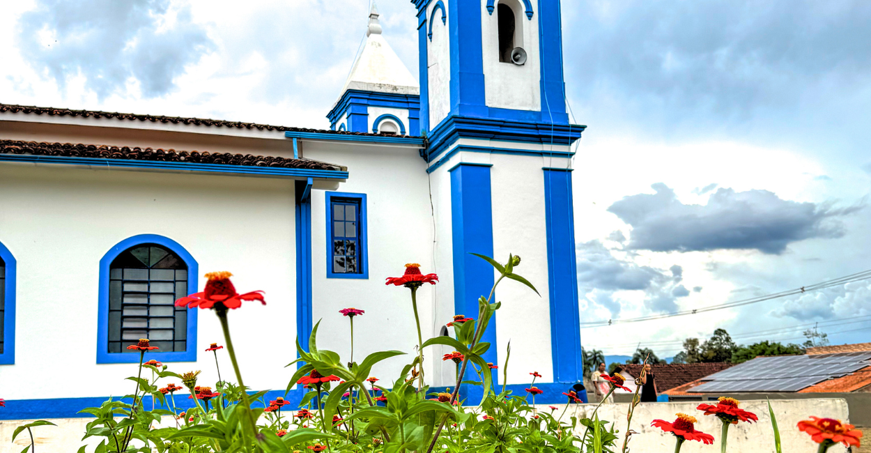 Flores, plantas e a Igreja Matriz de Santo Antonio do Leite, distrito turistico de Ouro Preto
