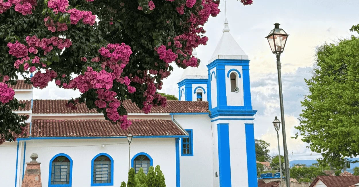 Igreja de Santo Antônio do Leite com fachada branca e azul entre flores rosas