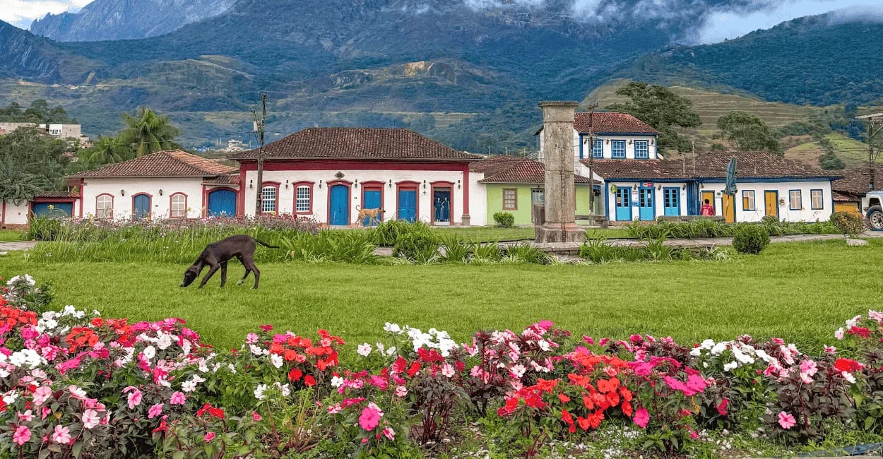 Catas Altas com flores rosas em primeiro plano, casario colonial colorido e a Serra do Caraça