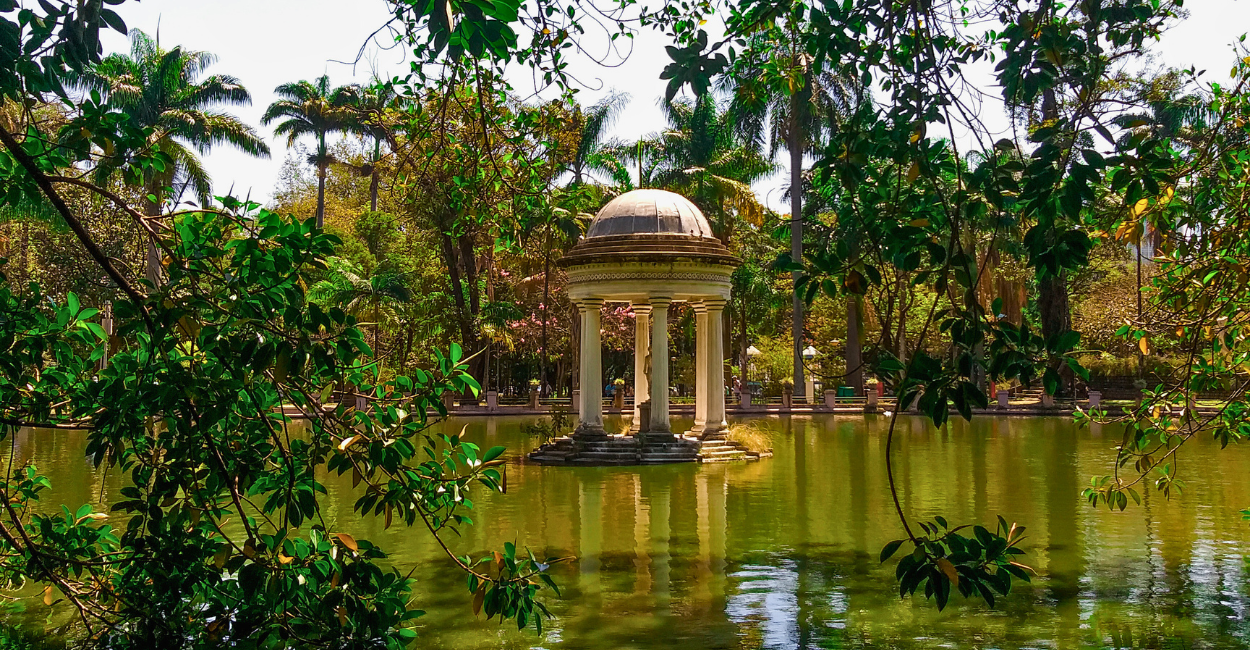 Lago do Quiosque com vegetação, no Parque Municipal de Belo Horizonte, ponto turistico em MG