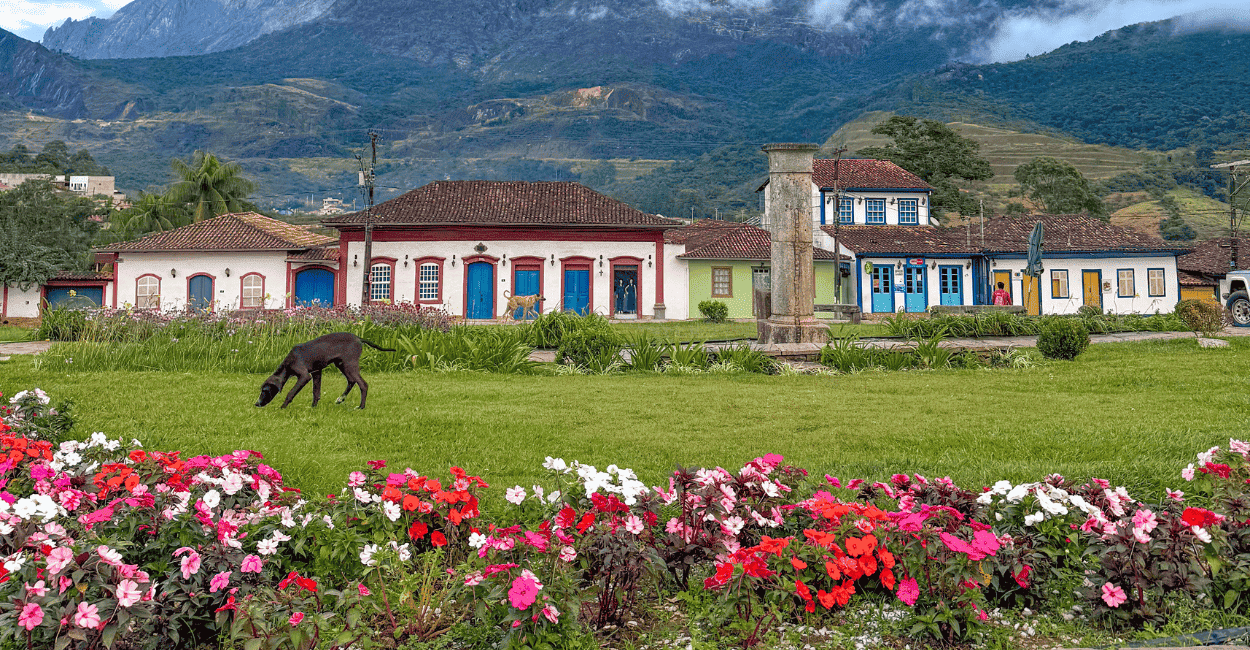 Praça central de Catas Altas com flores, casas históricas ao fundo e cachorro