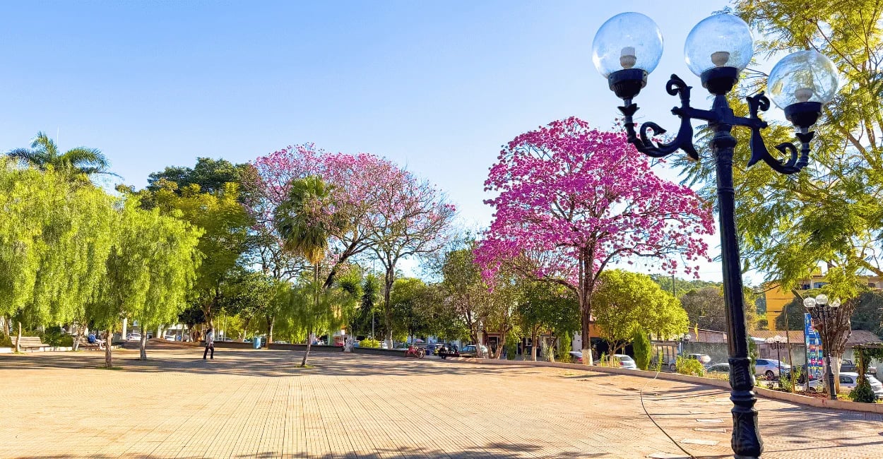 Praça arborizada de Itatiaiuçu com ipês floridos, postes antigos e amplo espaço de convivência