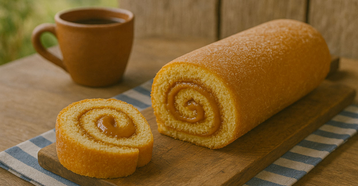 Rocambole de doce de leite, artesanal e uma xicara de café ao fundo