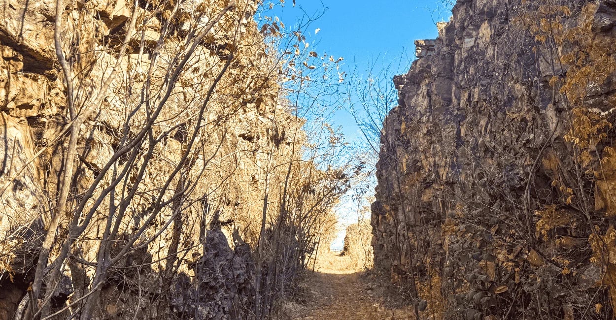 Ruínas de pedra da antiga passagem da linha de trem em Conselheiro Mata, MG, entre vegetação seca