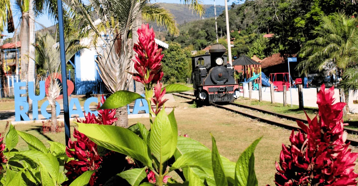 Flores vermelhas e letreiro de Rio Acima MG com trem histórico ao fundo em área verde