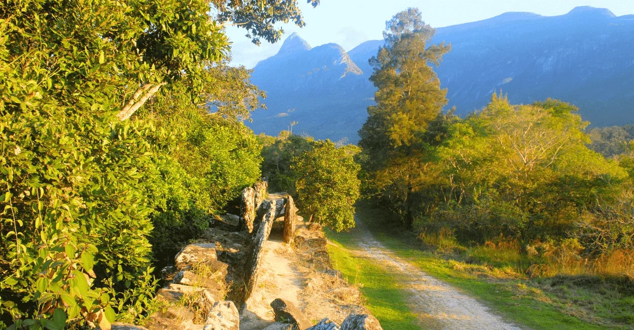 Vista do alto do Bicame de Pedra com trilha, vegetação e montanhas ao fundo em Catas Altas