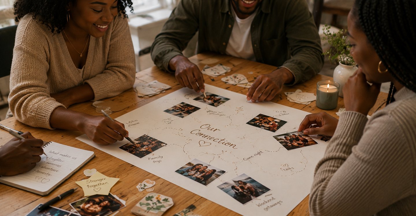 Friends sitting around a wooden table creating a DIY memory board with photos and handwritten notes.