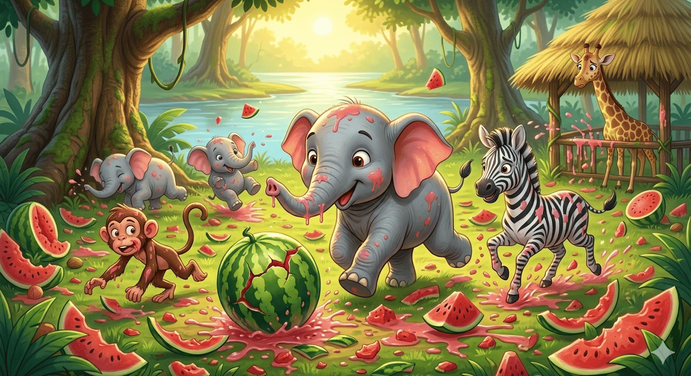 Cute cartoon animals like elephants, a zebra, and a monkey having a watermelon food fight in a sunny jungle.
