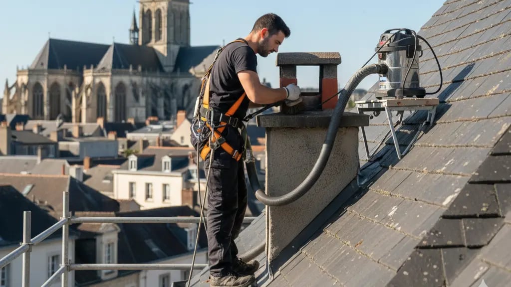 Ramoneur certifié Toiturama en action sécurisée sur toiture à Nantes, Loire-Atlantique (44)