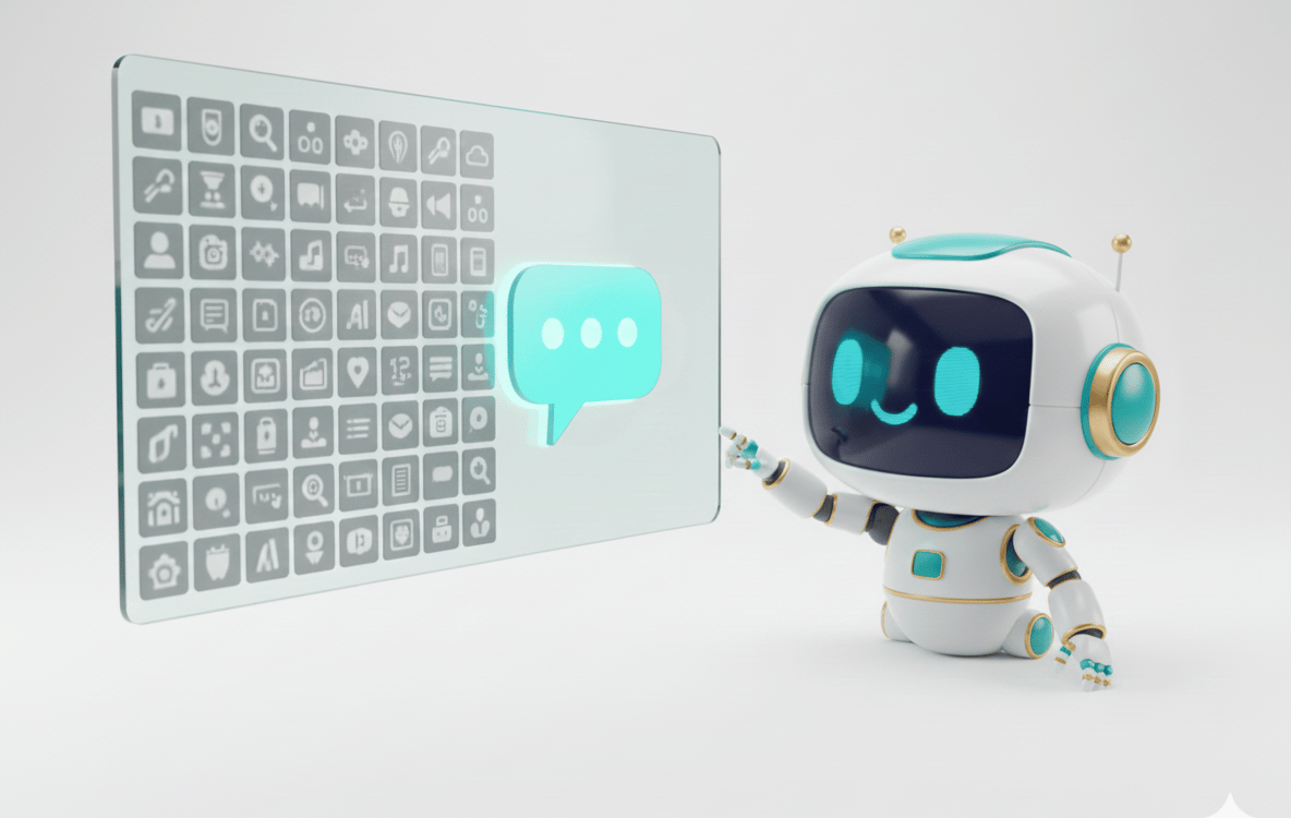 Freundlicher Machine2Mind Roboter zeigt auf ein schwebendes, transparentes Interface