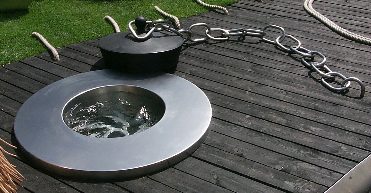 Stainless Steel Water sculpture Waste plug hole vortex water sculpture by Mark Richard Hall