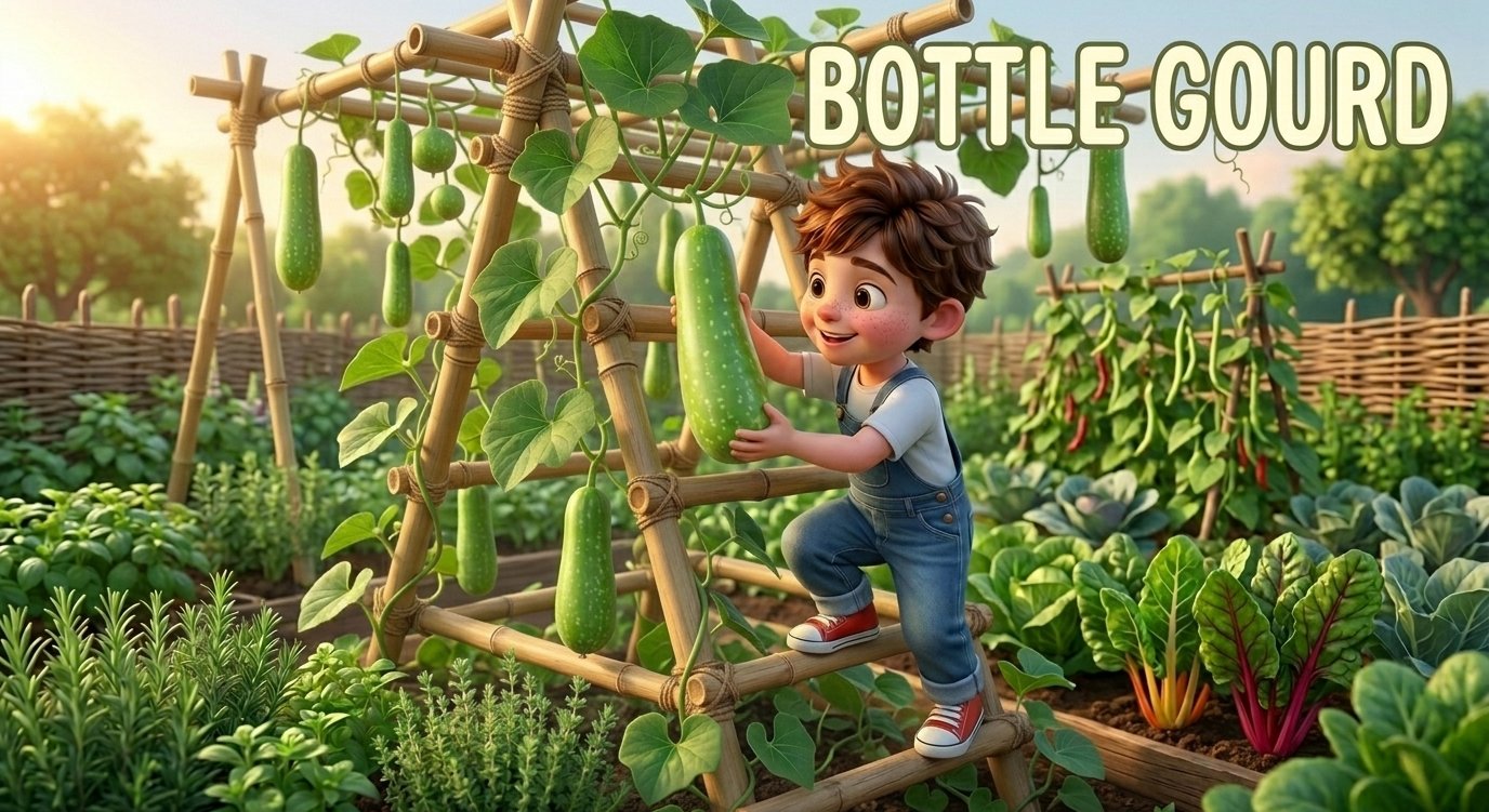 A young boy harvesting fresh green bottle gourds from a bamboo trellis in a sunny vegetable garden.