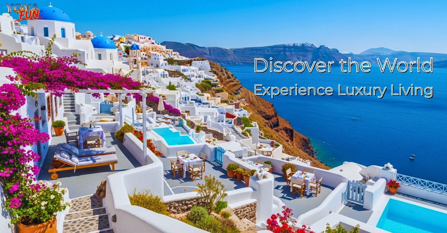 the luxurious white-washed houses and blue-domed churches of Santorini overlooking the Aegean Sea