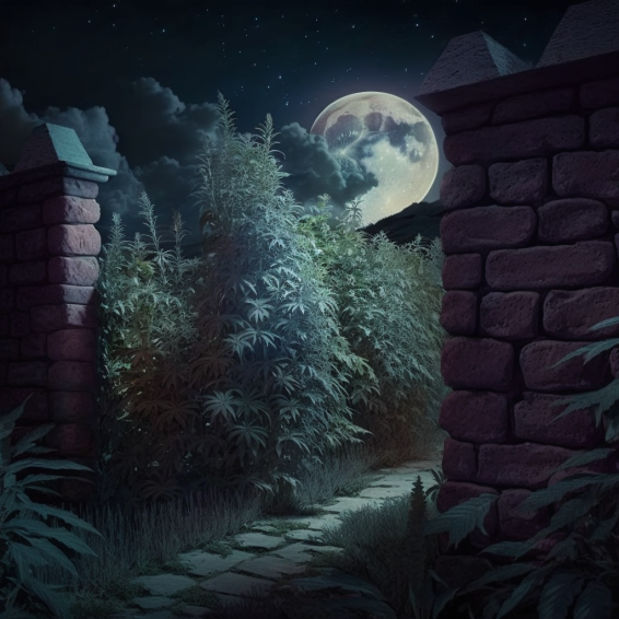 marijuana plant with a stone wall and a full moon