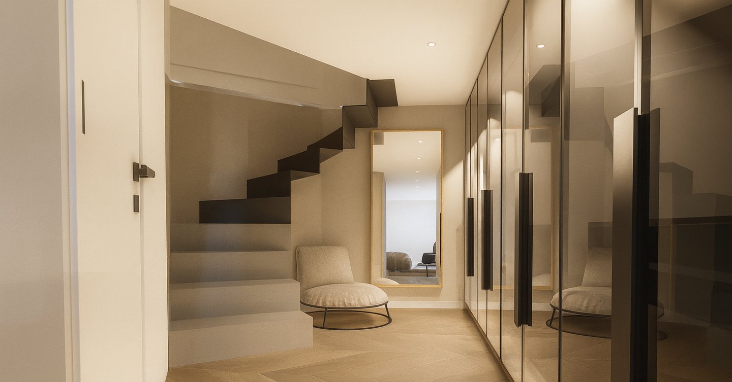 Escalier moderne conçu par 1161 Studio à Alger, avec garde-corps en verre, finitions beiges et éclai