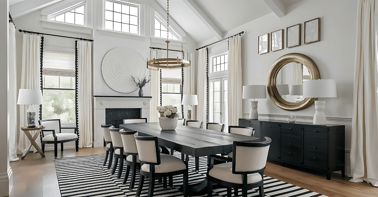 a dining room with a large table and chairs