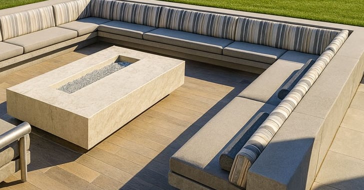 Custom striped outdoor firepit seating by Solo Home Decor in a luxurious mountain backyard with ocean view and modern design.