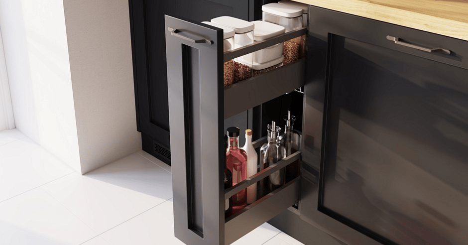 Dwupoziomowy system cargo wysunięty z szafki dolnej. 