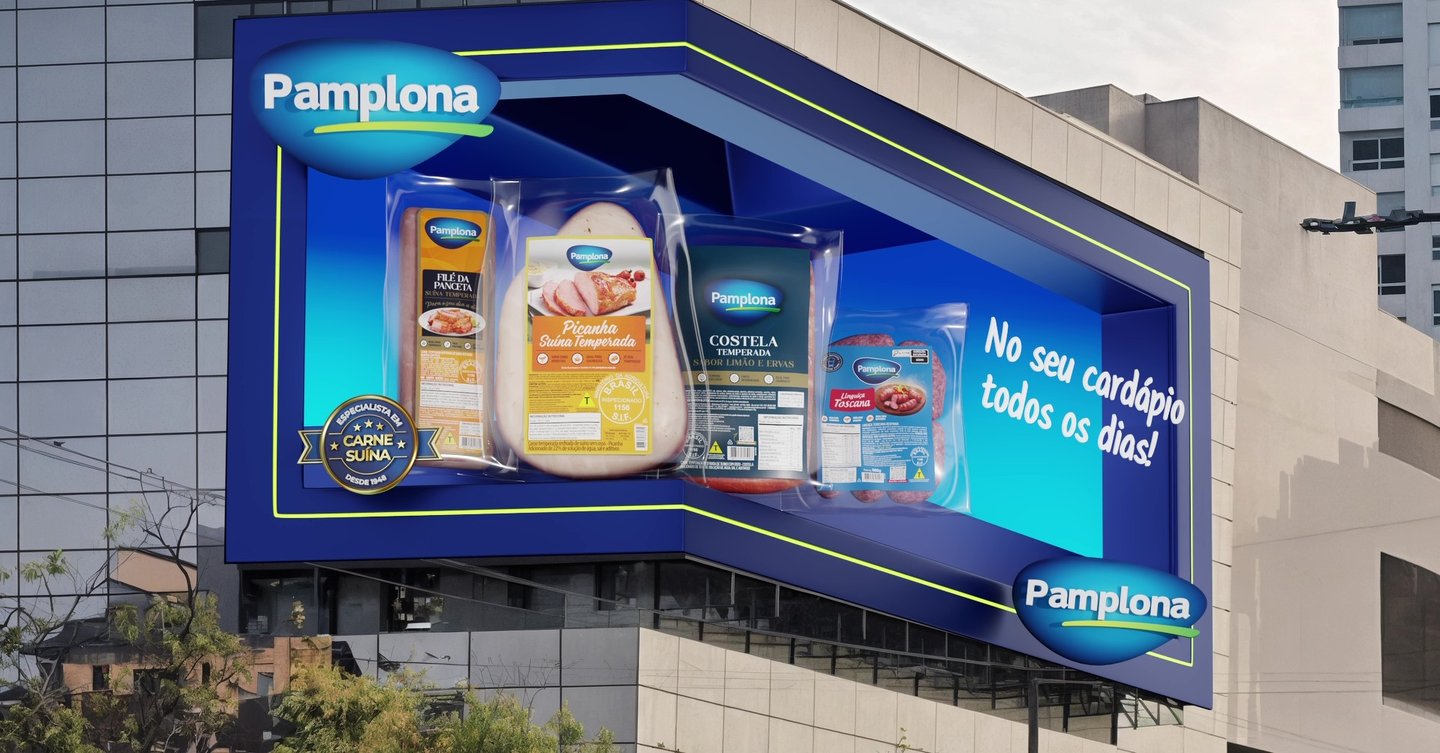 Billboard Telão 3D exibindo um vídeo 3D da Pamplona Alimentos, desenvolvido por Neopixel Digital