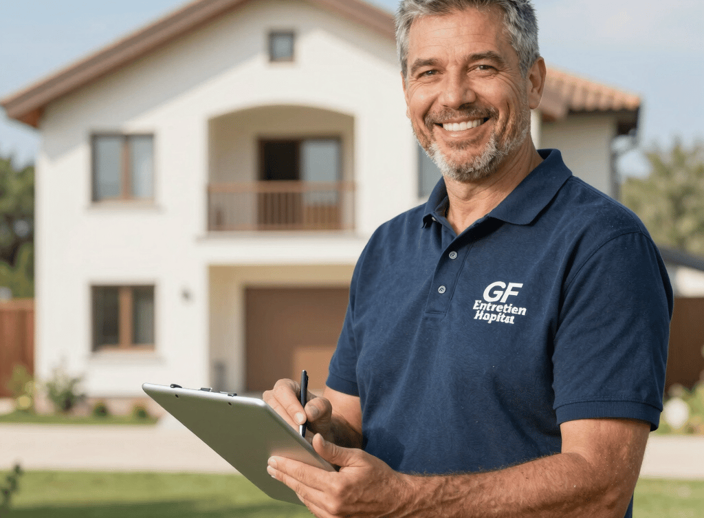 A skilled technician carefully cleaning a traditional French home exterior using professional high-pressure equipment.