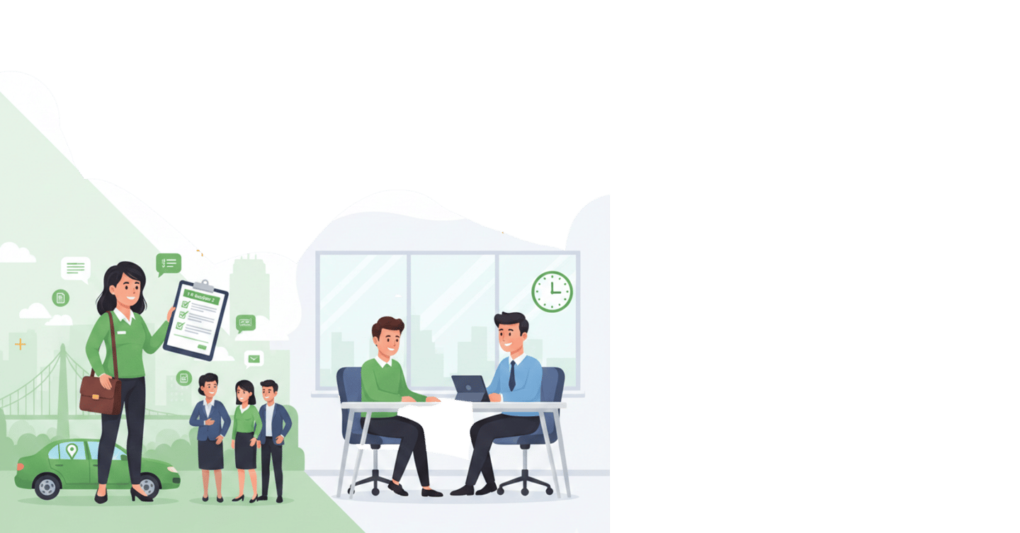 Illustration for Massachusetts I-9 verification service featuring mobile onsite visits with a green