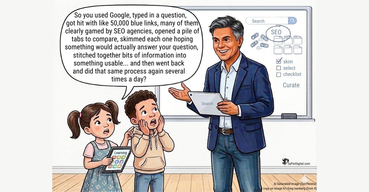Illustration of children hearing about the tedious search process and SEO content curation.