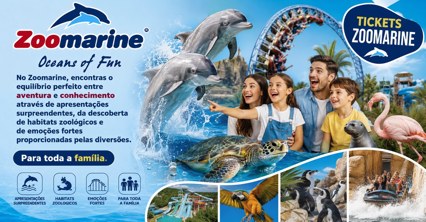 Zoomarine Algarve theme park poster featuring dolphins, family rides, and exotic marine animals.