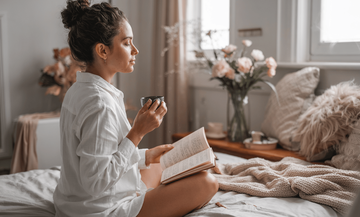 a woman sitting on a bed with a cup of coffee