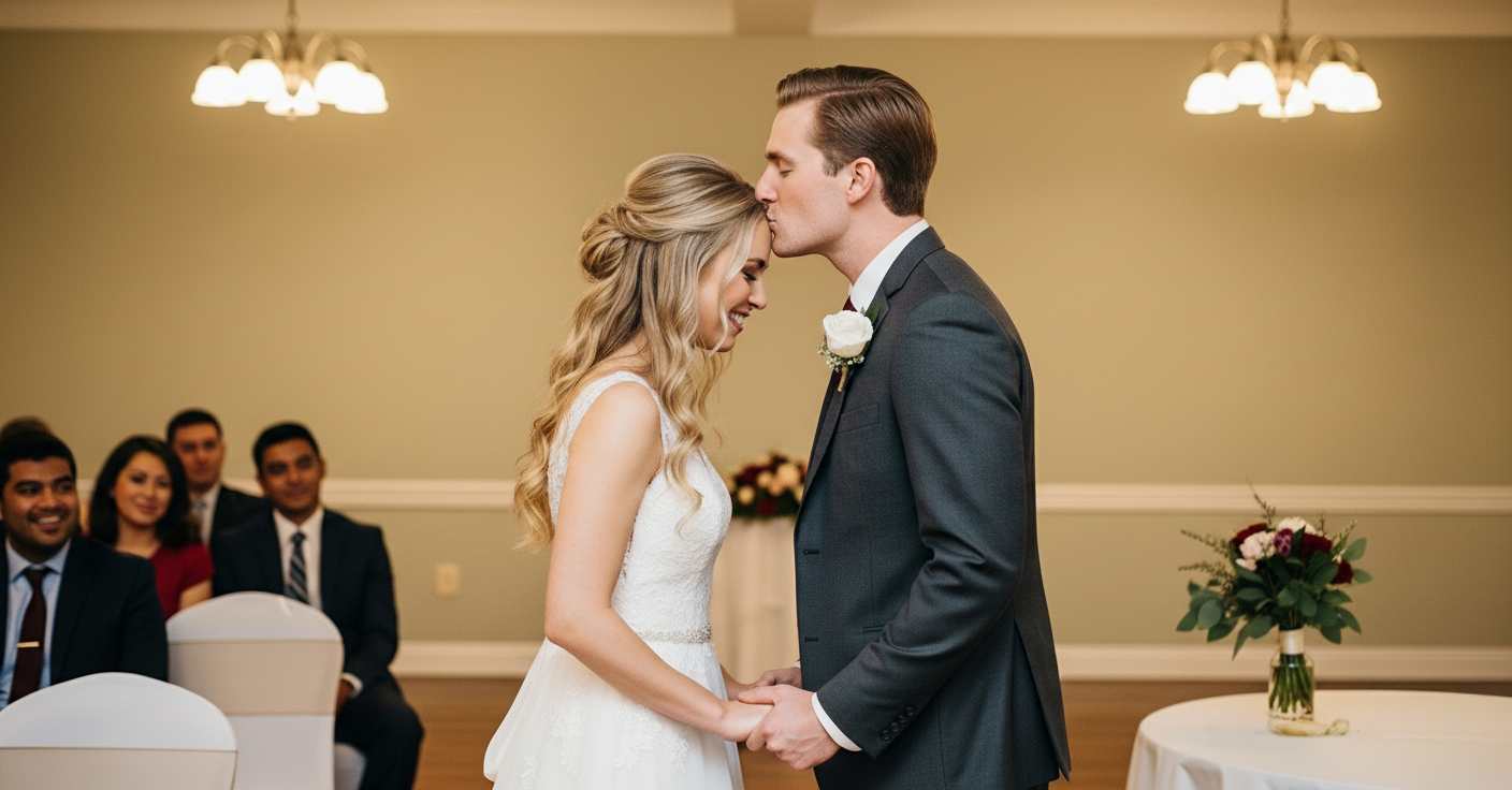 A newlywed couple smiling and holding hands.
