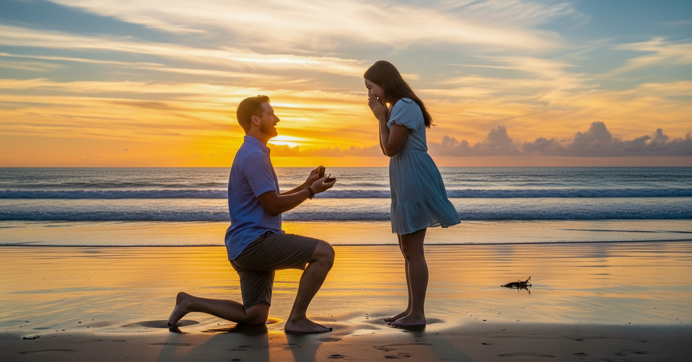 Ένας άντρας γονατίζει και κάνει πρόταση γάμου σε μια γυναίκα.