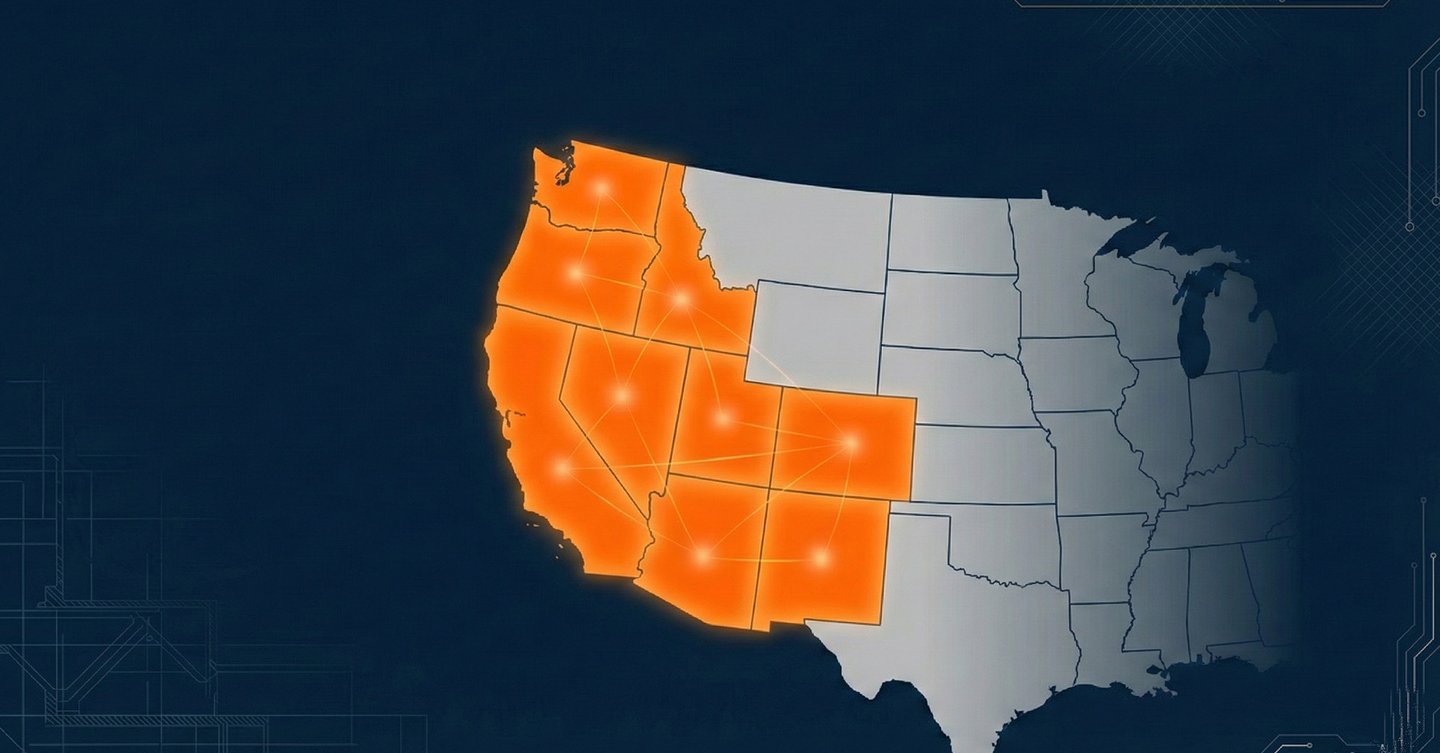 An orange-highlighted map of the Western United States set against a dark blue, technical-style background.