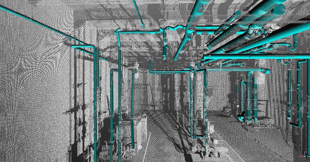 A 3D LiDAR point cloud scan of industrial piping and mechanical systems in a building facility.