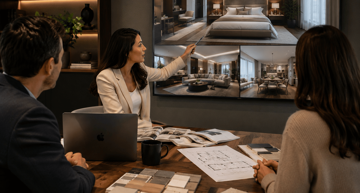 Interior designer presenting luxury home renderings to clients in a modern office.