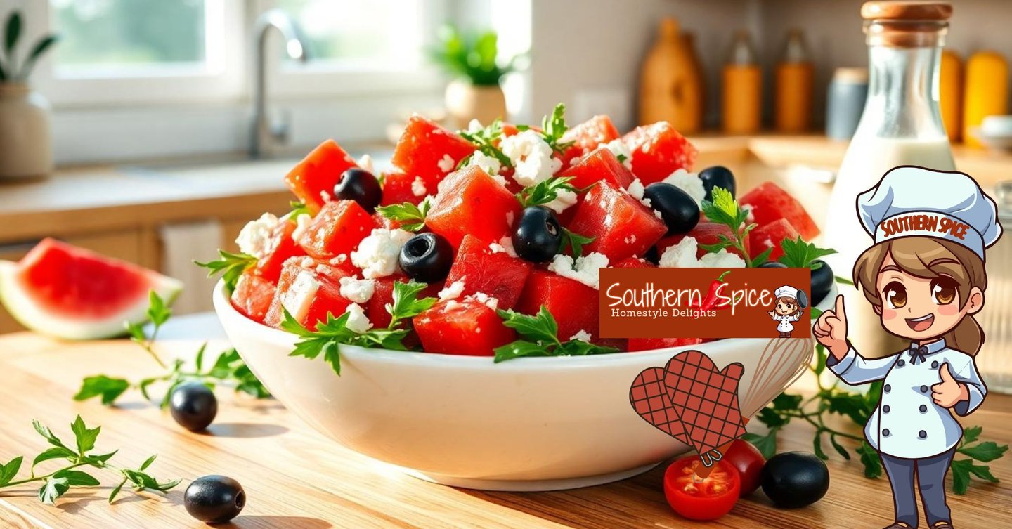 a chef in a white hat and a watermelon salad with feta cheese